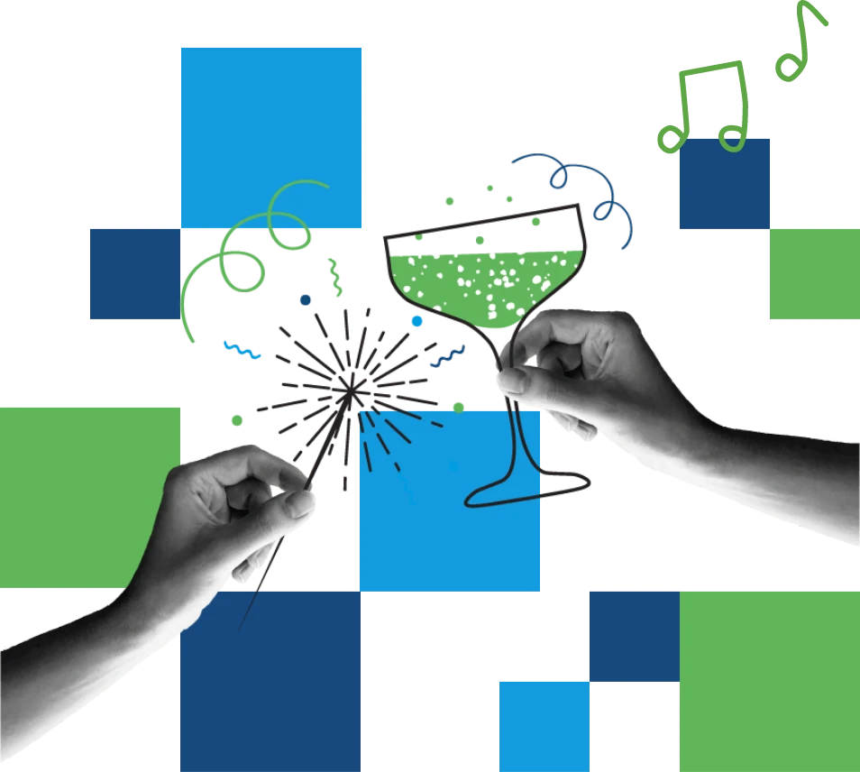 Illustration mit Sektglas, Wunderkerze und farbigen Quadraten zum Mieterfest